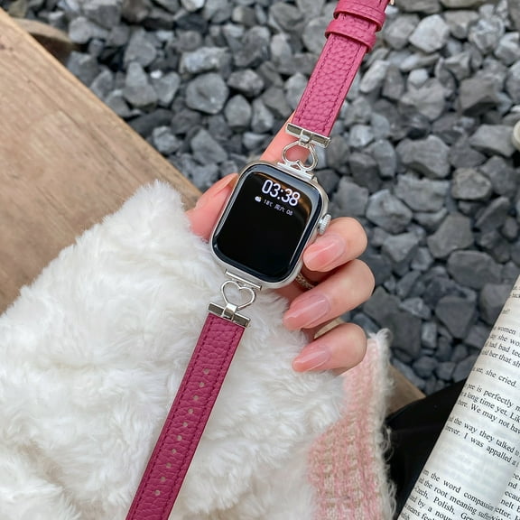 Leather Band Compatible for Apple Watch Bands Women 38/40/41/42mm Dressy Heart Design Slim Leather Strap with Adjustable Buckle Bracelet for iWatch Series 10/9/SE/8/7/6/5/4/3/2/1, Rose