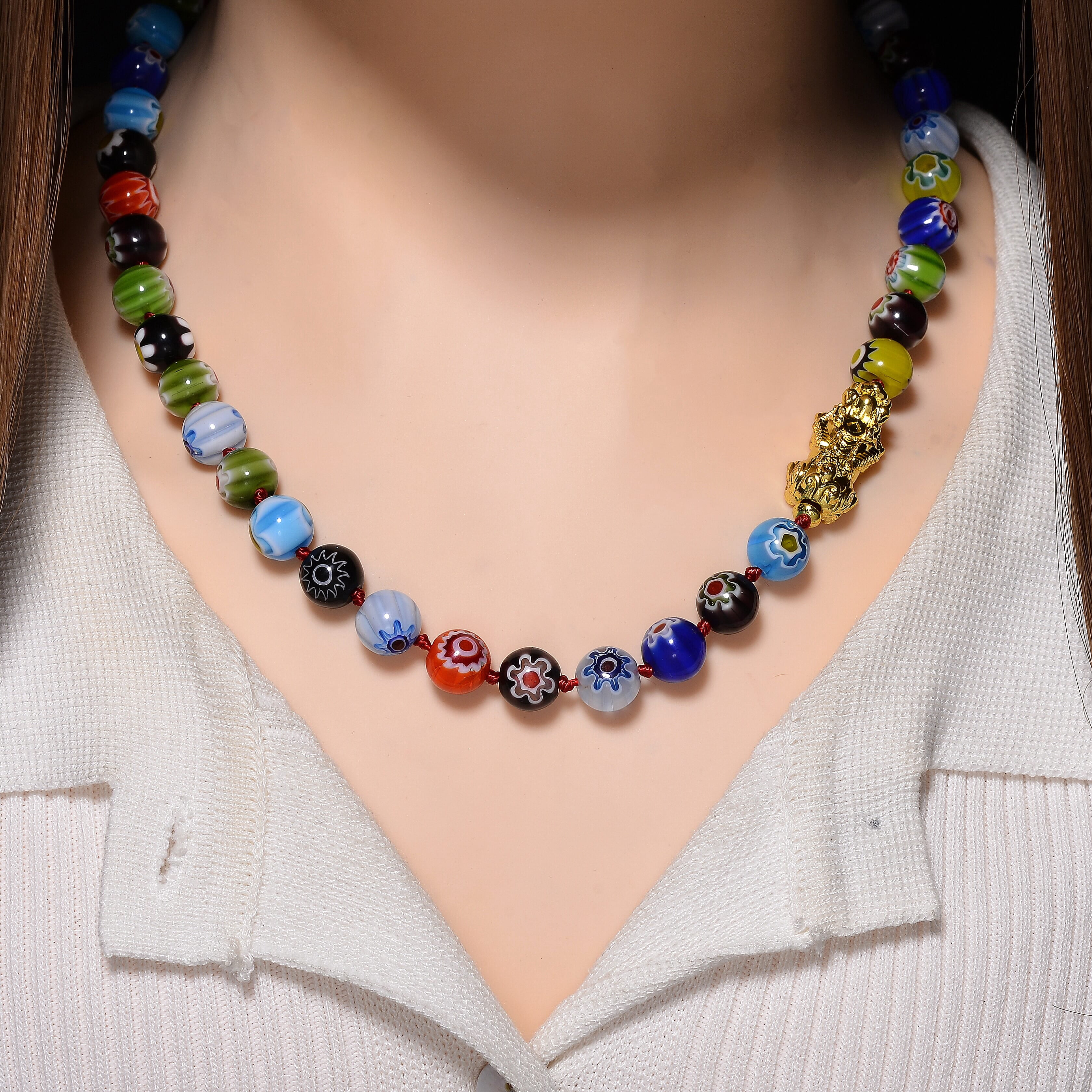 Multi Color Murano Style Beaded Necklace with Pixiu Charm in Goldtone 20 Inches