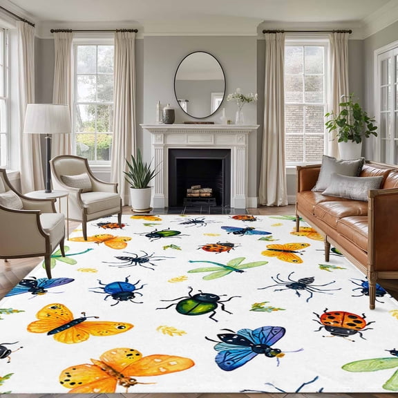 5'x7' Area Rugs for Living Room Bedroom, Spring Butterfly Dragonfly Washable Rug Carpet Runner Indoor Outdoor, Farmhouse Botanical Floral Non Slip Floor Mats Area Rug for Kitchen, Nursery