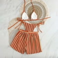 thumbnail image 4 of RYRJJ Women's 3 Pieces Striped Thong Bikini Set Halter Triangle Boho Crochet Hollow Out Bathing Suits with Textured Cover Up Shorts Swimsuit(Orange,XL), 4 of 7