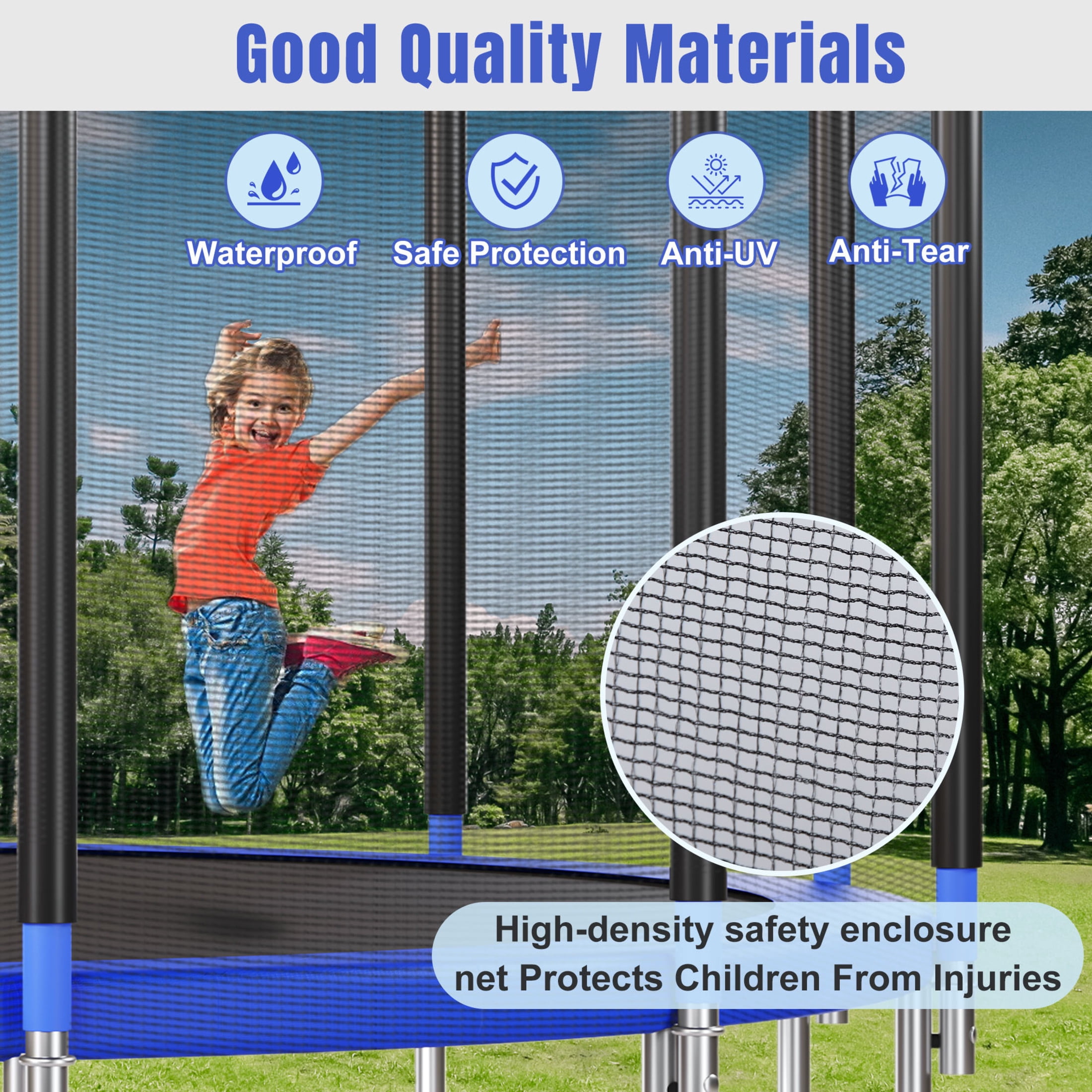 Noble House 16FT Outdoor Trampoline for Kids with Safety Net, Basketball Hoop and Ladder, Blue Metal Frame