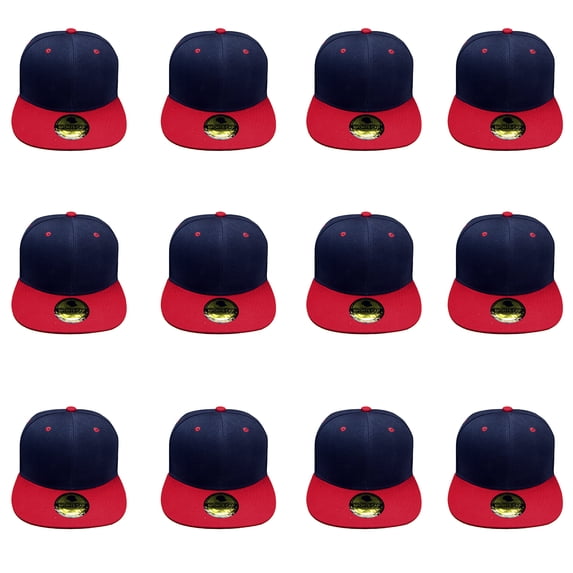 Gelante® Plain Blank Flat Brim Adjustable Snapback Baseball Caps WHOLESALE LOT 12 Pack - Navy Red