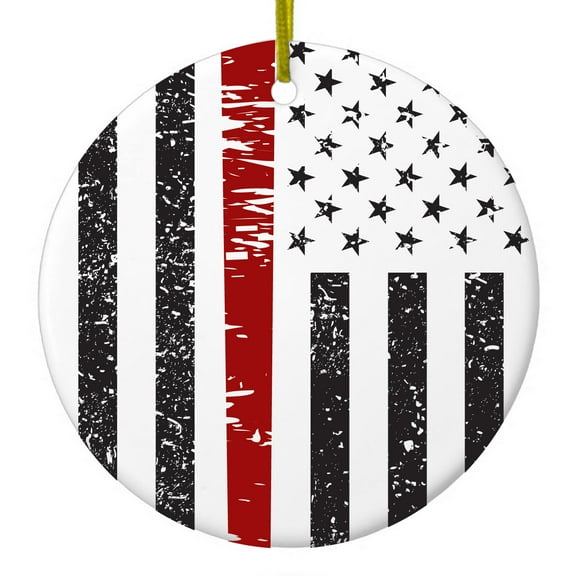 DistinctInk Hanging Ceramic Christmass Tree Ornament with Gold String - Great Gift / Present - 2 3/4 inch diameter - Weathered Thin Red Line US Flag With Axe