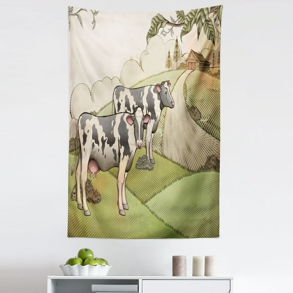 Farm Animal Tapestry, Vintage Agriculture Illustration of Dairy Cows at Countryside Livestock, Fabric Wall Hanging Decor for Bedroom Living Room Dorm, 5 Sizes, Multicolor, by Ambesonne