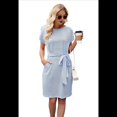 thumbnail image 3 of Vestido Camisero de Verano A Rayas de Corta para Mujer, Informal, con Lazo en la Cintura y Bolsillos, Azul , XXXL, 3 of 9