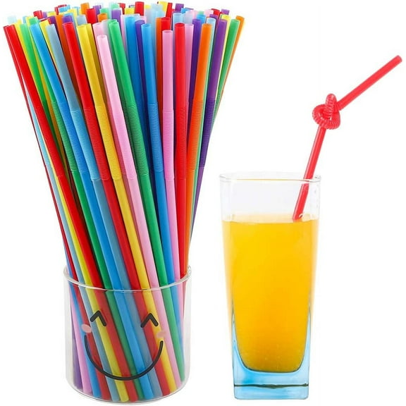 Tutuviw 100PCS Flexible Plastic Straws, Colorful Disposable Bendy Party Fancy Straws10inch Extra Long Straws Party Decorations