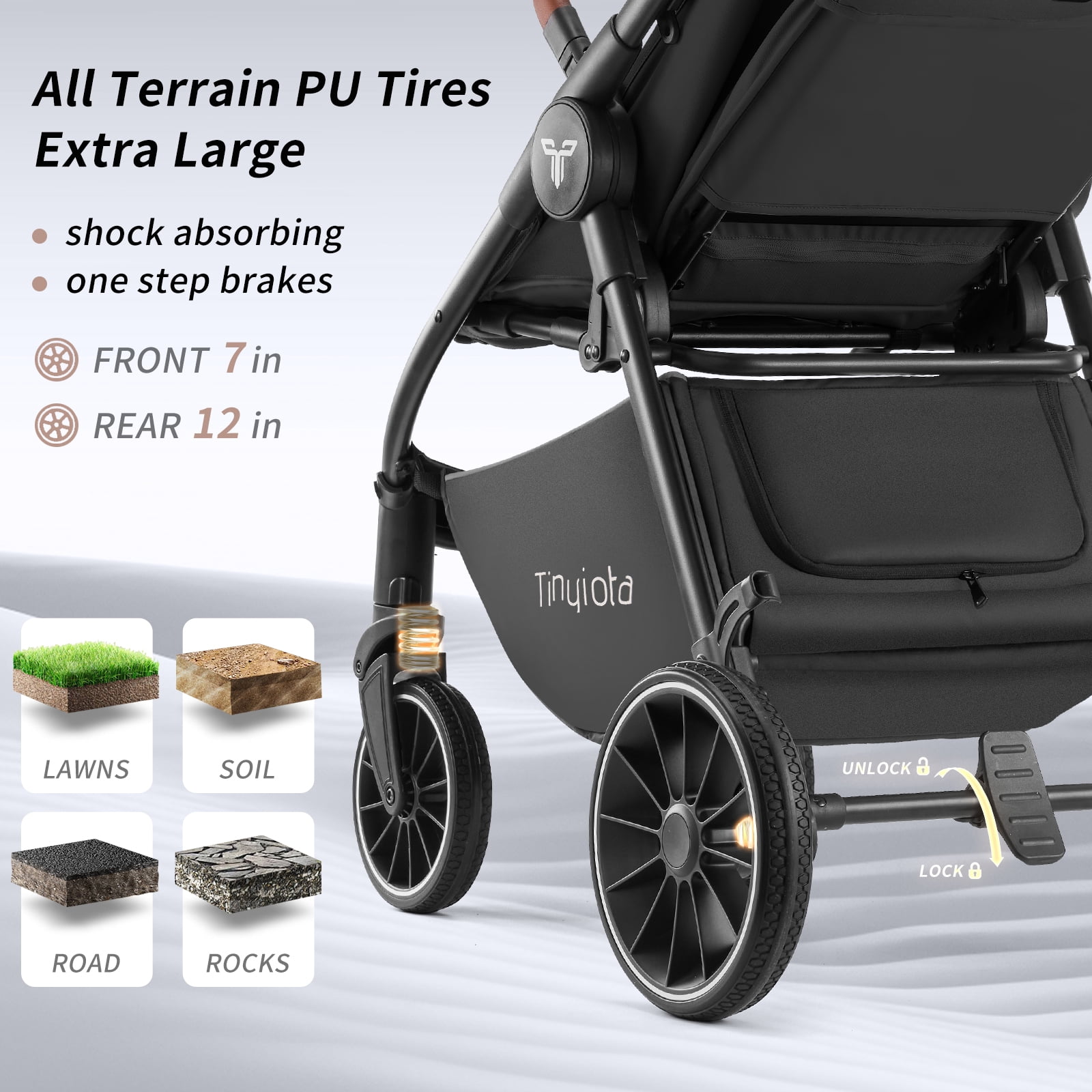 Tinyiota Baby Stroller with UPF 50+ Canopy, One-Hand Fold and Leather Handle, Black