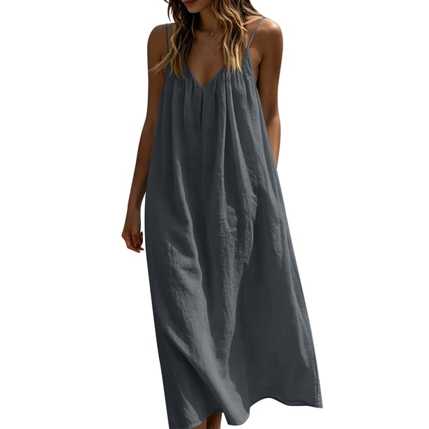 Lcziwo Womens Cotton Sundress Tummy Hiding Casual Loose Summer Maxi Dress Spaghetti Strap V Neck Vacation Travel Dresses Dark Gray,L
