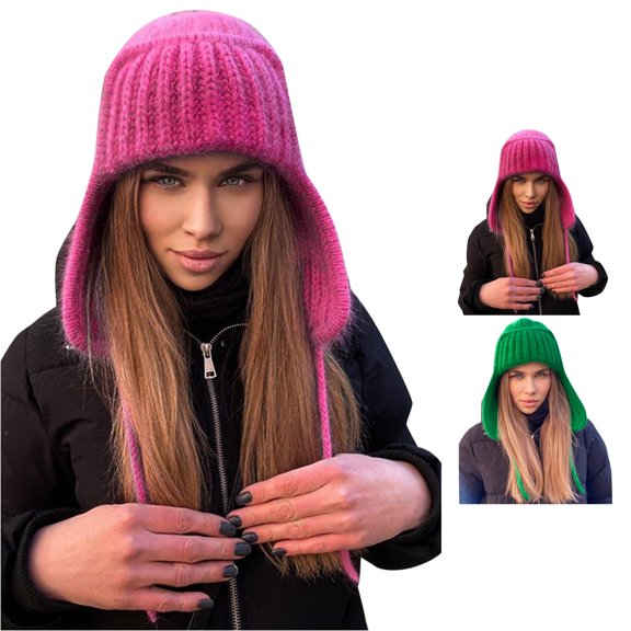 XIAOCHA Rib‑Knit Earflap Beanie for Women Solid Outdoor Fall‑Winter Headwrap,Red