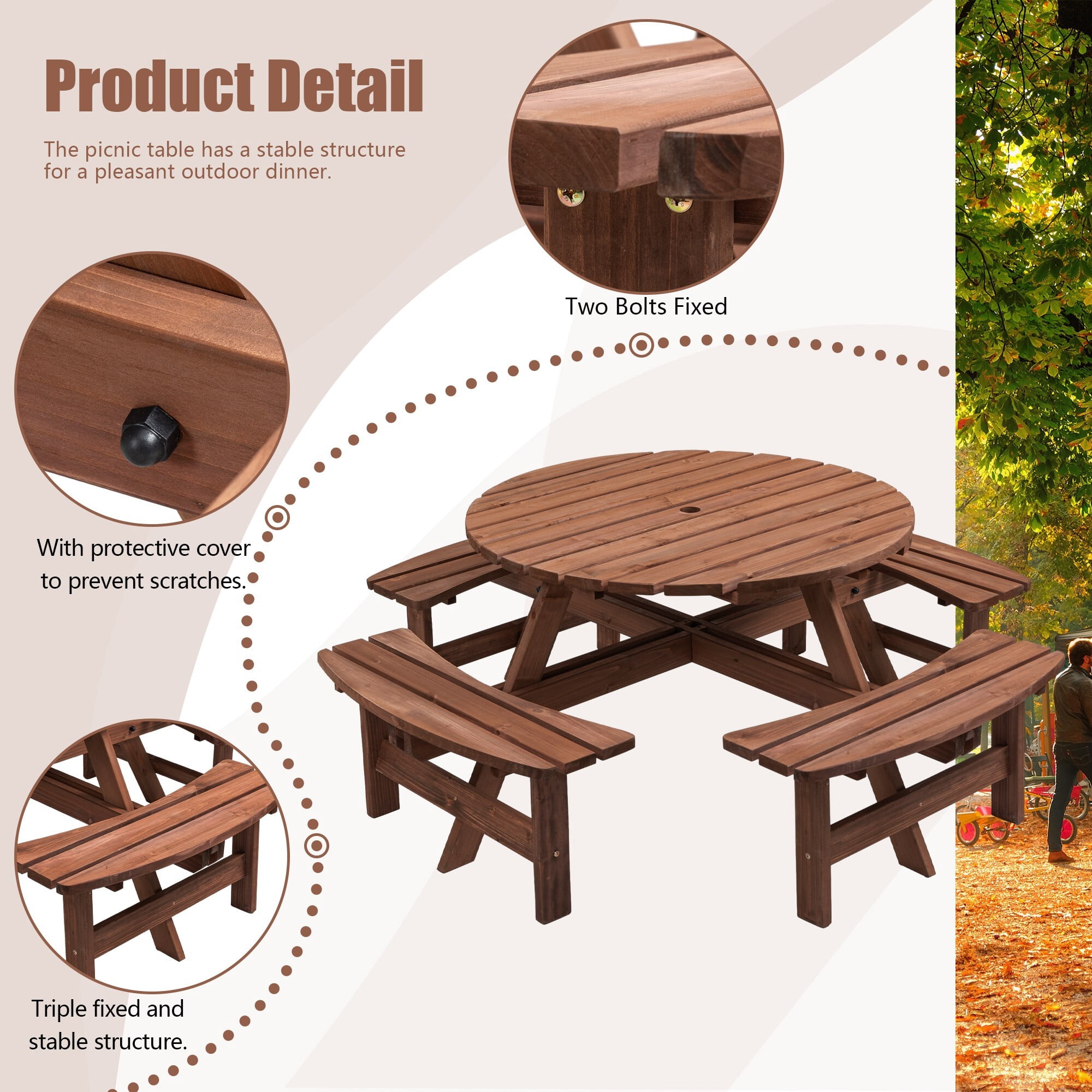 DEALTOPS 8-Person Wooden Picnic Table, 43" Round Outdoor Dining Set with 4 Benches & 2" Umbrella Hole, Brown