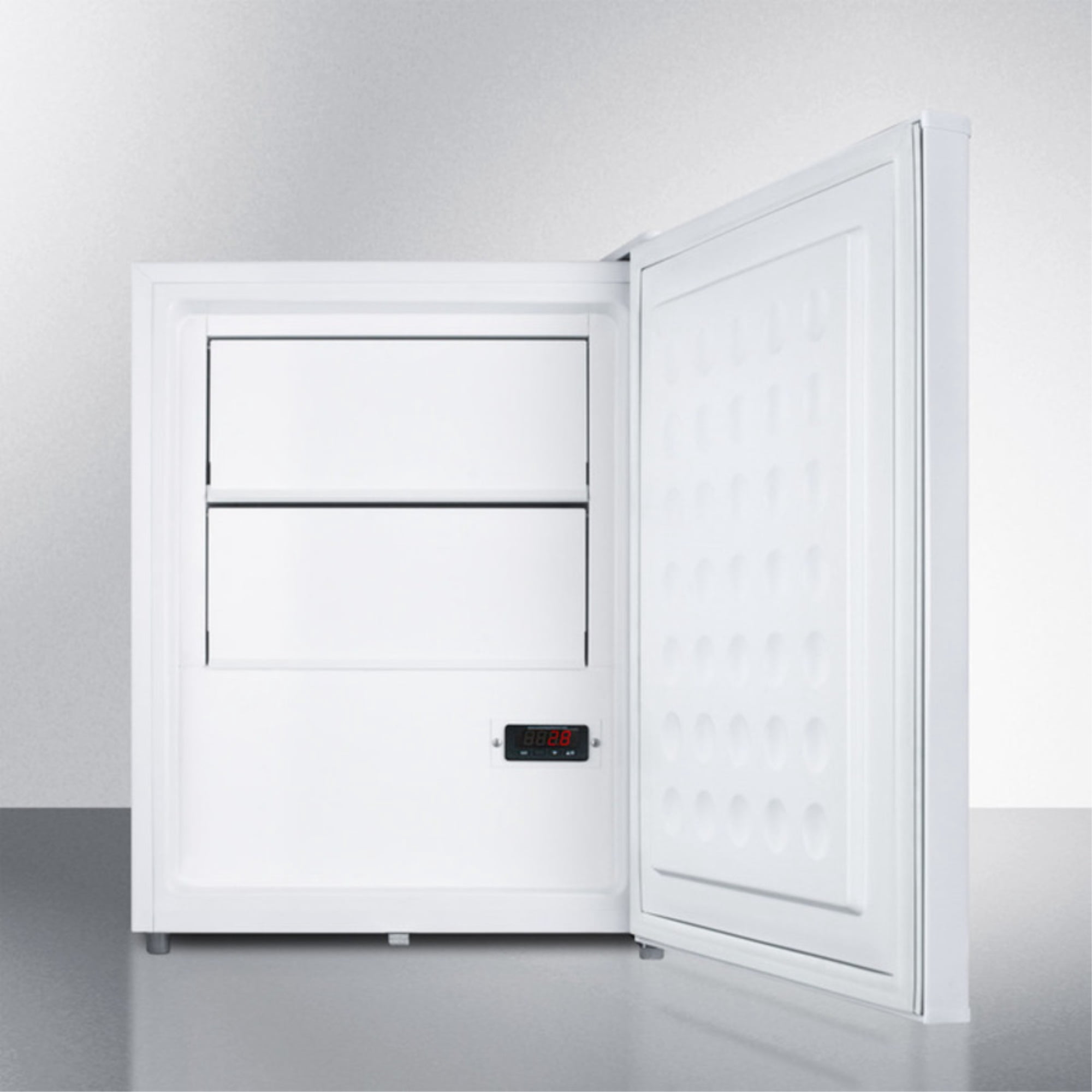 Compact medical all-refrigerator for temperature stable medical storage, with digital thermostat, lock, self-closing door, temperature alarm, and internal fan