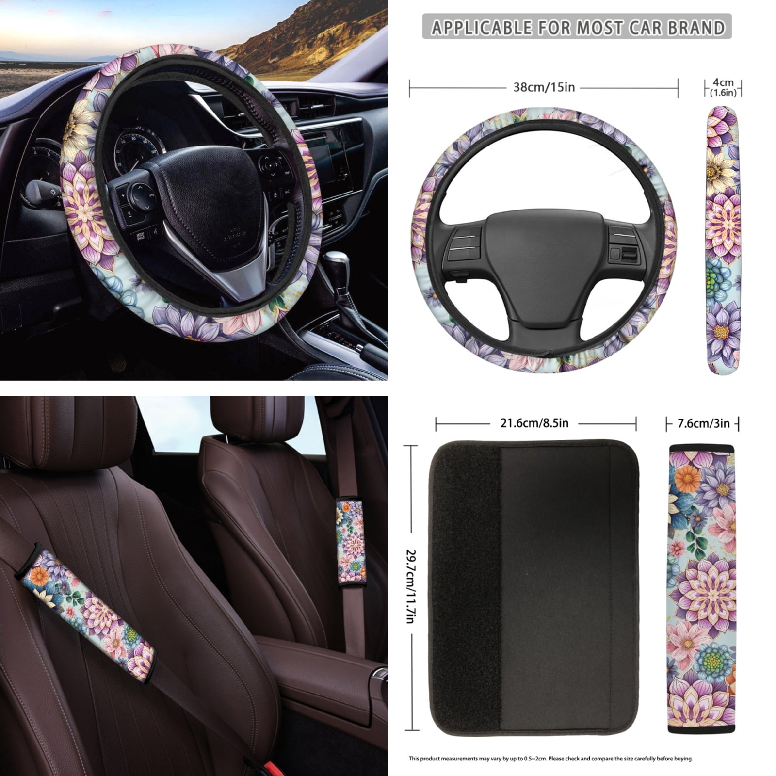 Yuyamidu Dalia Car Seat Covers Full Set of 16 Flower Automotive Steering Wheel Covers Sun Shade Seatbelt Pads Car Coasters Handbrake Cover Set Rear View Mirror Cover Keychain for Women