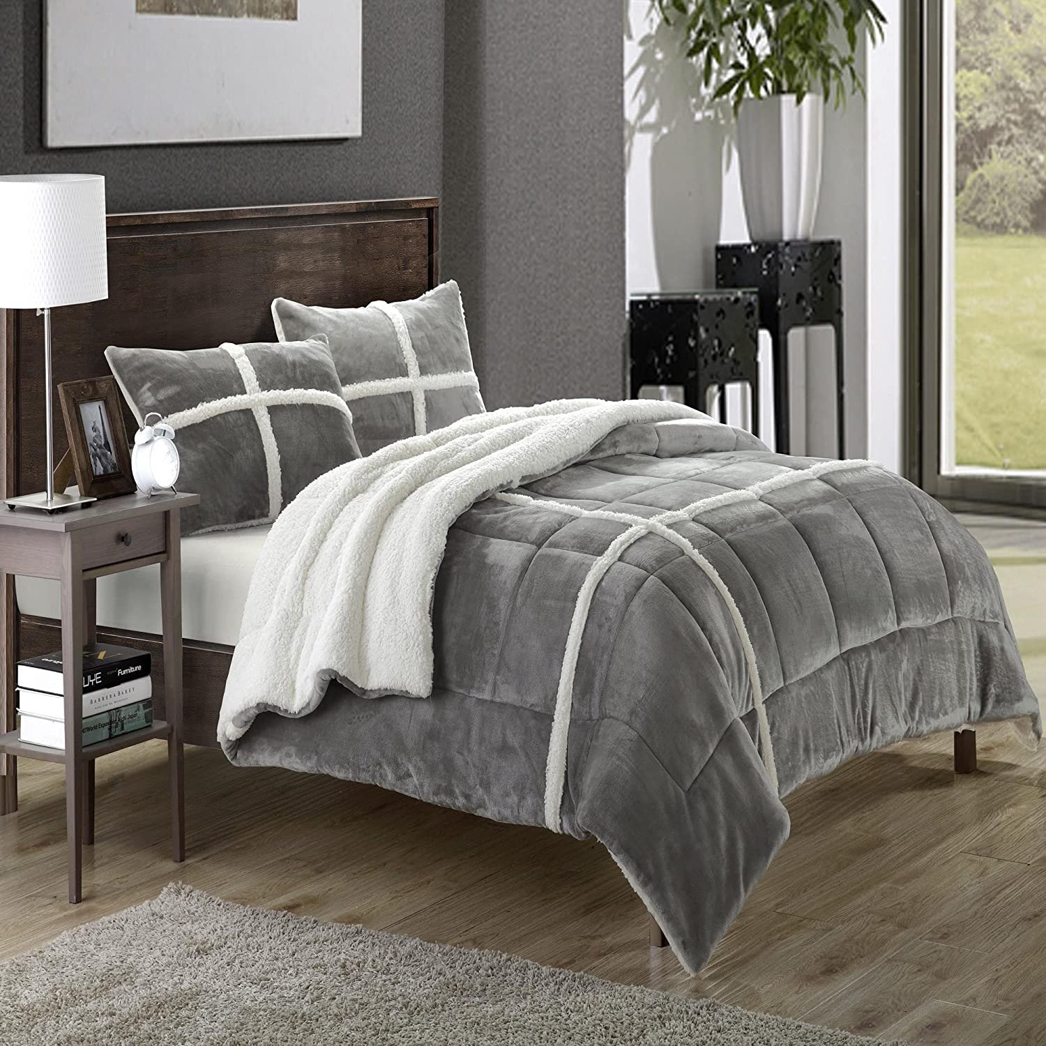 Chic Home Chloe Plush Microsuede Sherpa Lined Beige 3 Piece Comforter