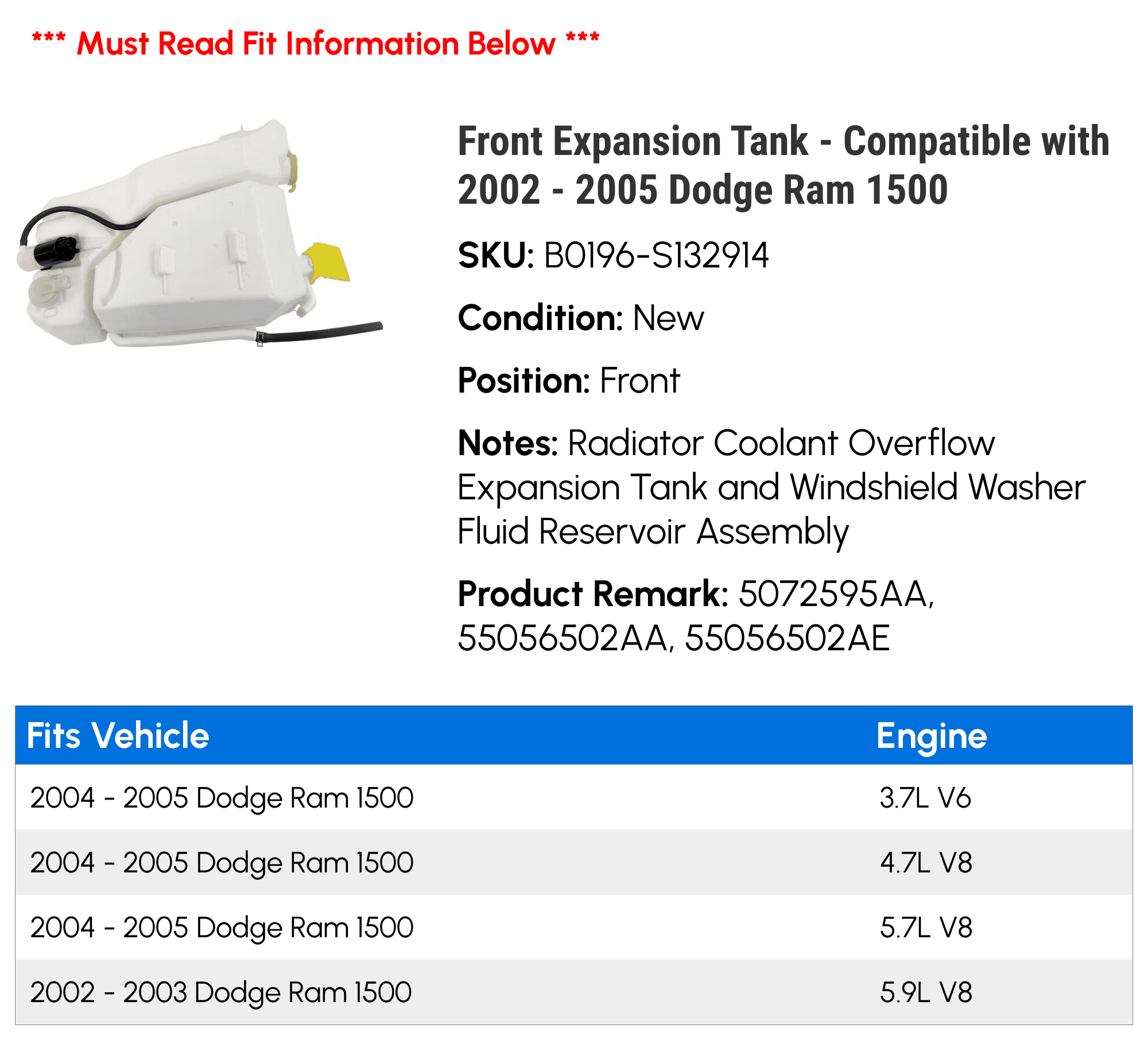Front Expansion Tank - Compatible with 2002 - 2005 Dodge Ram 1500 - Replacement