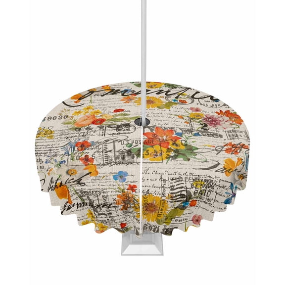 Fsddascl Colorful Spring Floral Outdoor Tablecloth - 54 Inch Round Dining Table Cover, Summer Botanical Vintage Postmark Waterproof Outdoor Table Cloth with Umbrella Hole & Zipper for Picnic/Patio