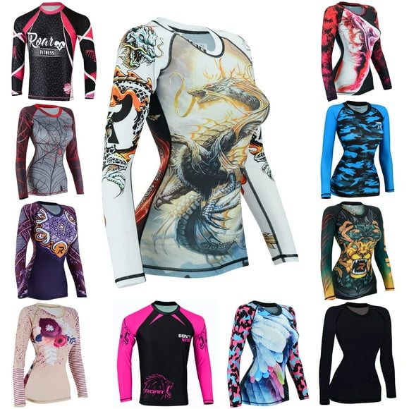 ROAR MMA grappling Rash guard Women BJJ Training No gi UFc Fight gear Long Sleeve Shirt (Large White-Dragon)
