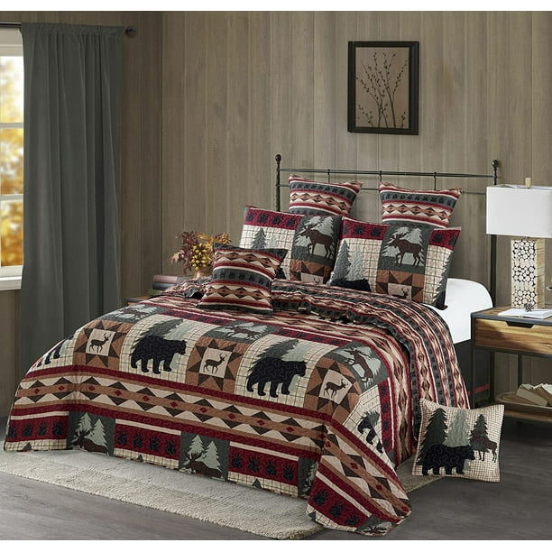 3 Piece King Lodge Quilt Bedding Set Wildlife Patch Rustic Cabin