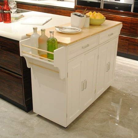 Nmkwnr 4 Doors Kitchen Island with Shelf and Wheels and 2 Drawers Wood Top Rolling Cart for Dining Room Kitchen Bar White