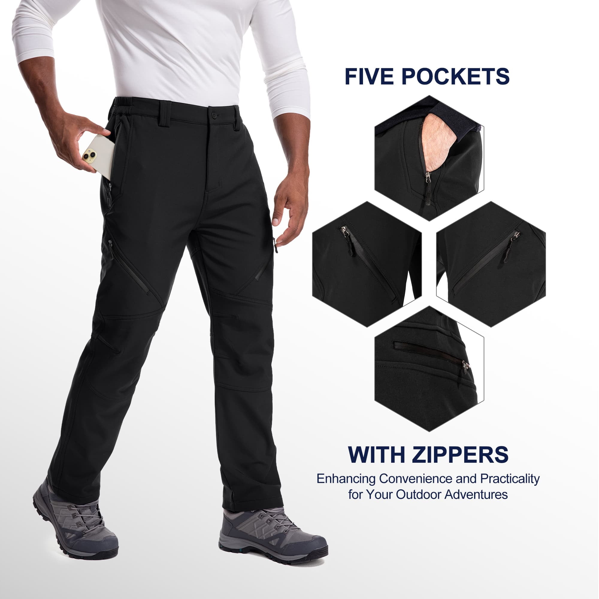 FEN AI Ski Snow Pants Men Fleece Lined Cargo Pant for Hiking Outdoor Insulated Winter Warm Softshell Trousers Black