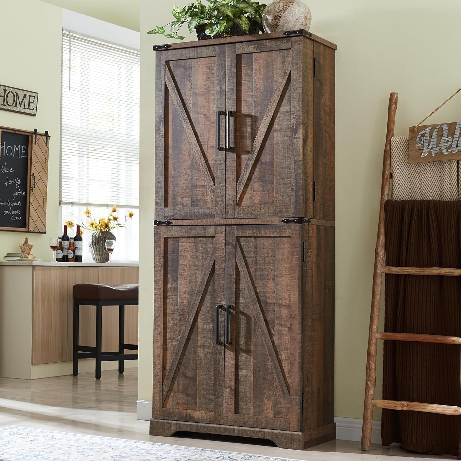 ACCOHOHO 72" Tall Kitchen Pantry, Farmhouse Storage Cabinet with Barn Doors, Drawer and Adjustable Shelves, Rustic Wood Cupboard for Kitchen, Dining Room, Bathroom, Rustic Brown