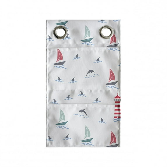 Nautical Hanging Pocket Organizer, Marine Lighthouse Dolphins Jumping Sharks in the Sea Swimming Yachts, Printed Polyester Storage Bag with Pockets, 9" x 27", Grey Dark Coral White