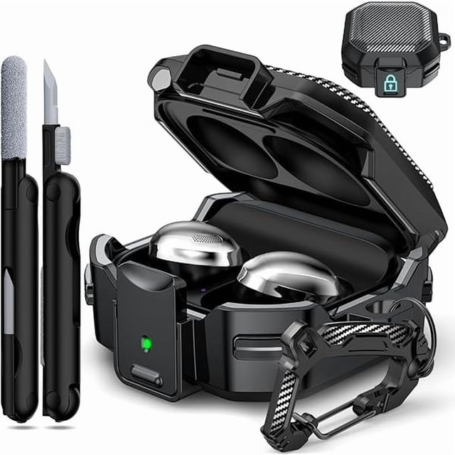 wonima11 RFUNGUANGO for Samsung Galaxy Buds 2 Pro/Buds Pro/Buds Live/Buds 2 Case Cover/Galaxy Buds FE (2023), Military Carbon Fiber case with Keychain/Zipper/with Cleaner Kit(Anti-Drop Lock)-Black