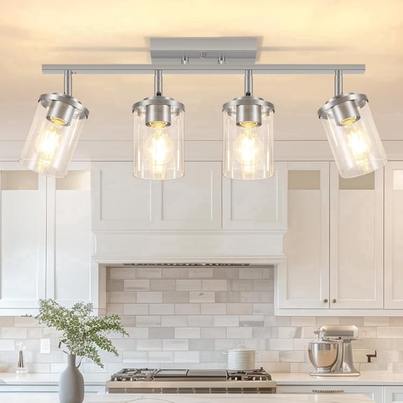 4-Light Brushed Nickel Track Lighting Kit with Clear Glass, Modern Track Light Fixtures Flush Ceiling Mounted, Tracking Vanity Lighting Rotatable Spotlight for Kitchen Bathroom
