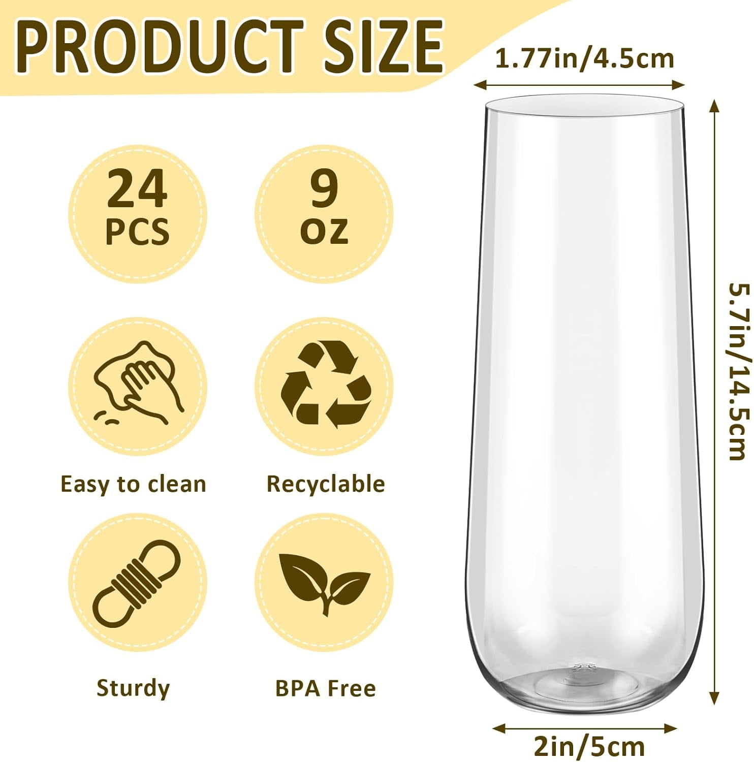 24 Pack Plastic Champagne Flutes,9 Oz Stemless Champagne Flutes,Disposable Clear Plastic Toasting Glasses,Mimosa Glasses for Wedding, Birthday, Parties and Easter