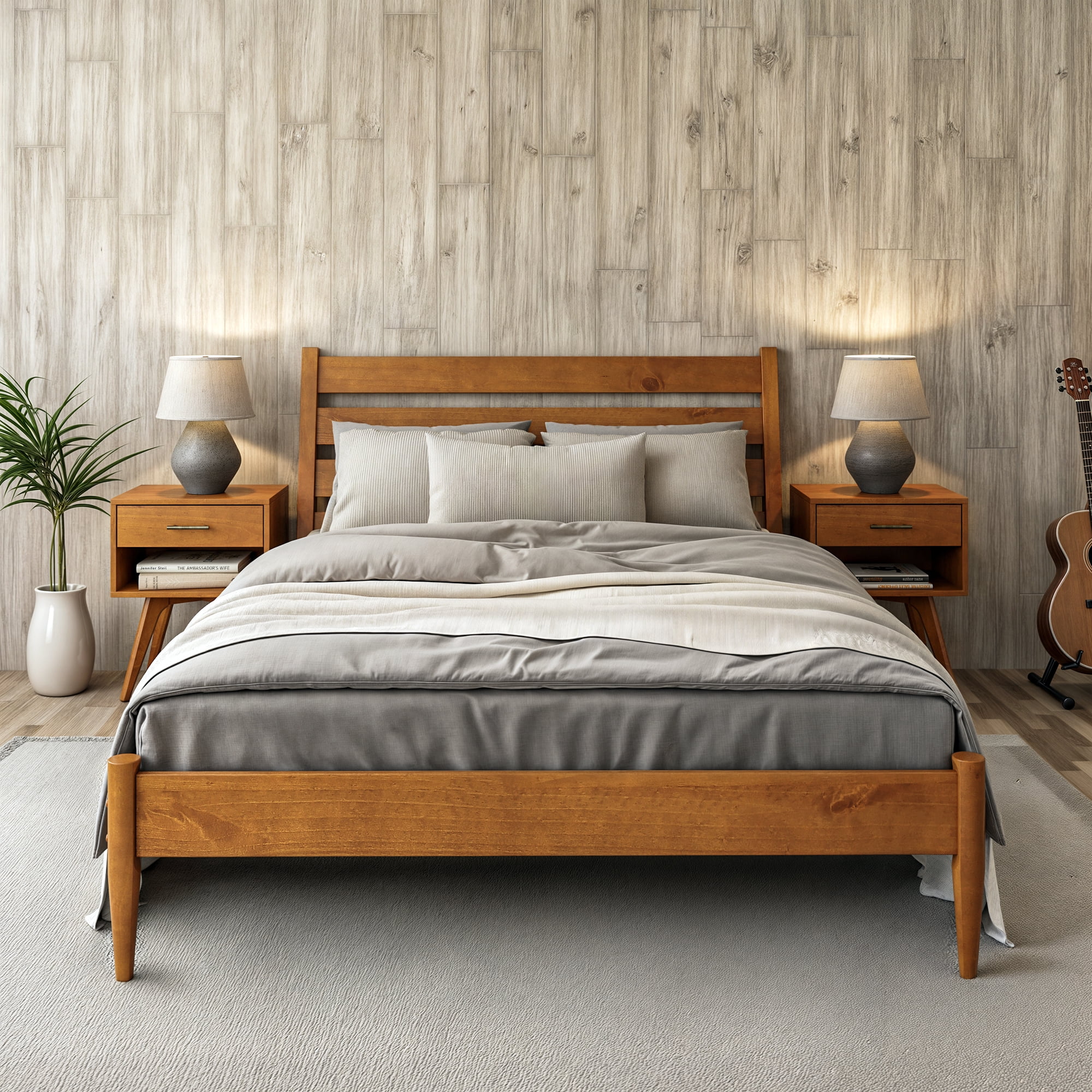 Camaflexi Mid Century Platform Bed Queen Size Solid Wood Bed Frame, Castanho 100% Solid Wood