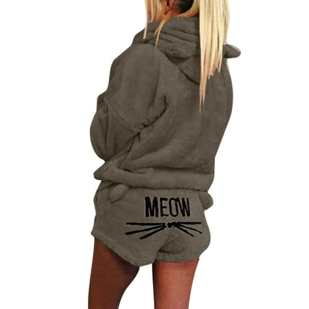 

Voguele Women Sleepwear Hooded Pajamas Sets Pocket Nightwear Fleece Lined Lounge Set Two Pieces Outfits Army Gray M