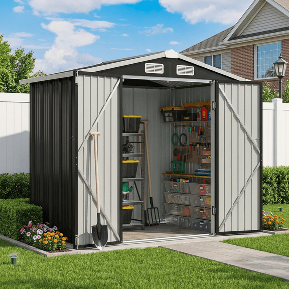 6x4FT Outdoor Storage Shed Black | Metal Garden Tool Shed With Sloping Roof & Lockable Door For Garden, Patio, Backyard