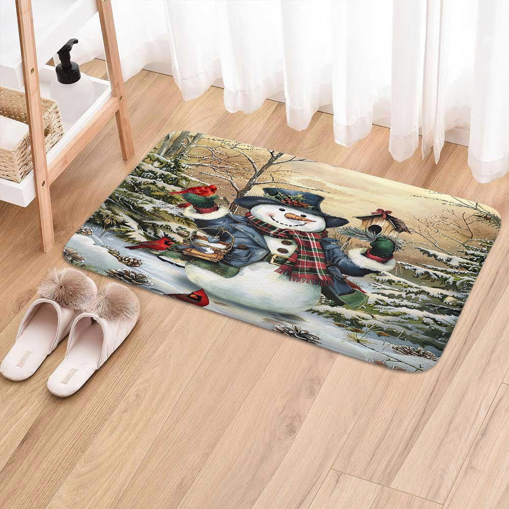 Retro Winter Christmas Snowman Bath Mat, Vintage Cute Xmas Snowman Holiday Rustic Winter Forest Farmhouse Bath Rug for Bathroom, Christmas Bath Mat Soft Non Slip Bath Rugs, 16X24IN