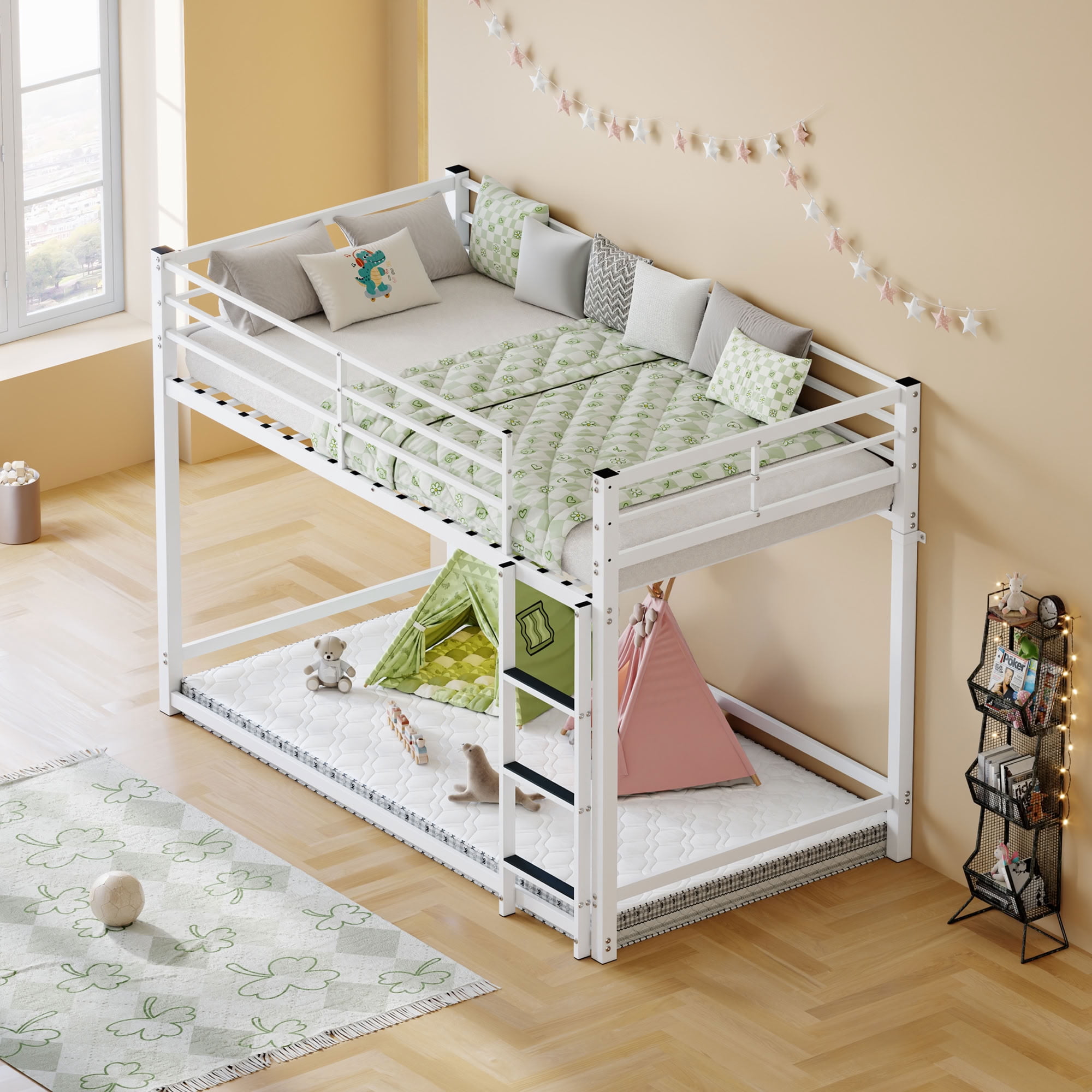 MAYEERTY Twin Over Twin Metal Bunk Bed, Low Profile Heavy Duty Bed Frame with Ladder and Guardrail