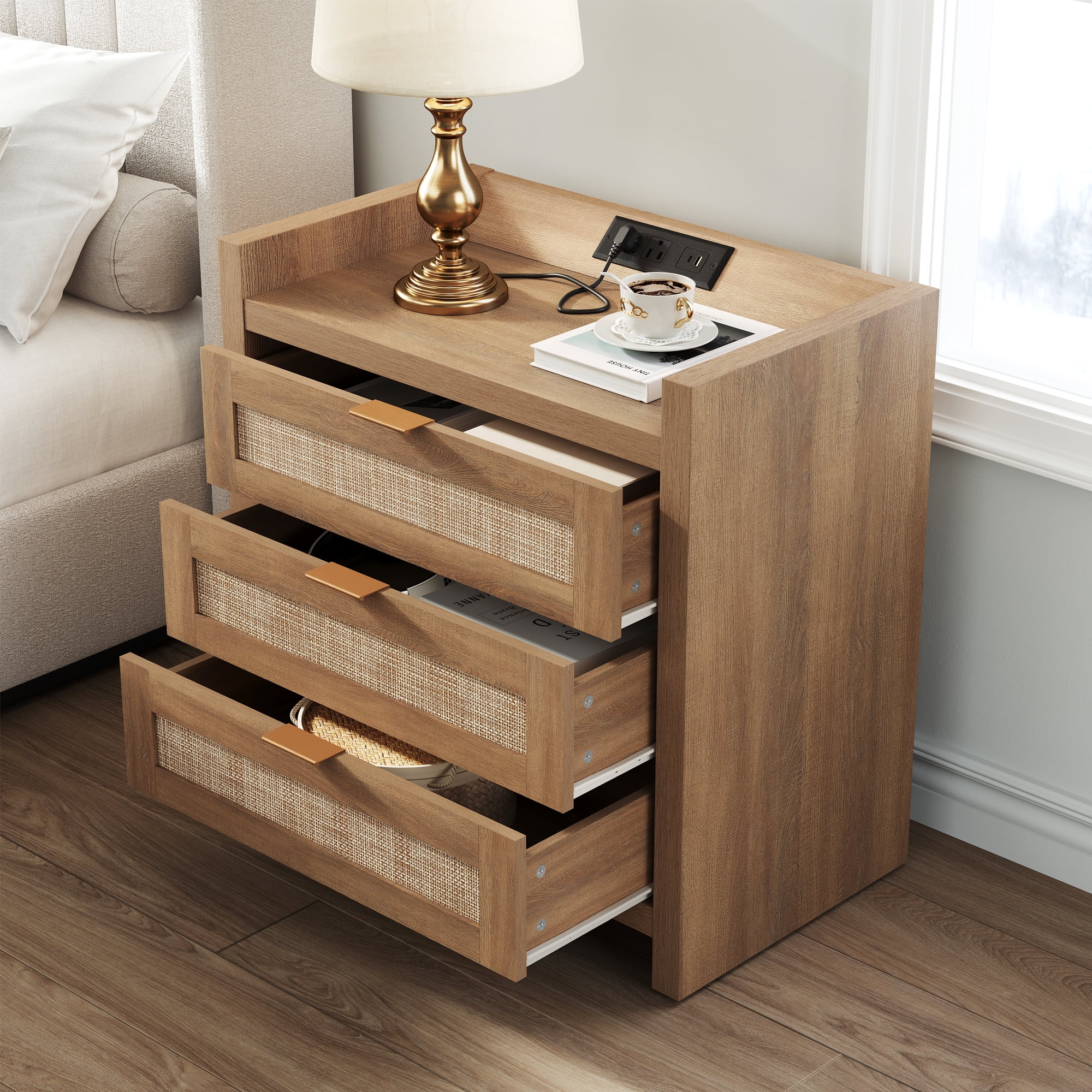 SICOTAS 26.57"H Tall Boho Nightstands Set of 2 with 3 Drawers, Rattan Nightstands with Charging Station and Type-c Ports Rattan End Table Beside Table for Bedroom Enrtyway Living Room, Natural Oak