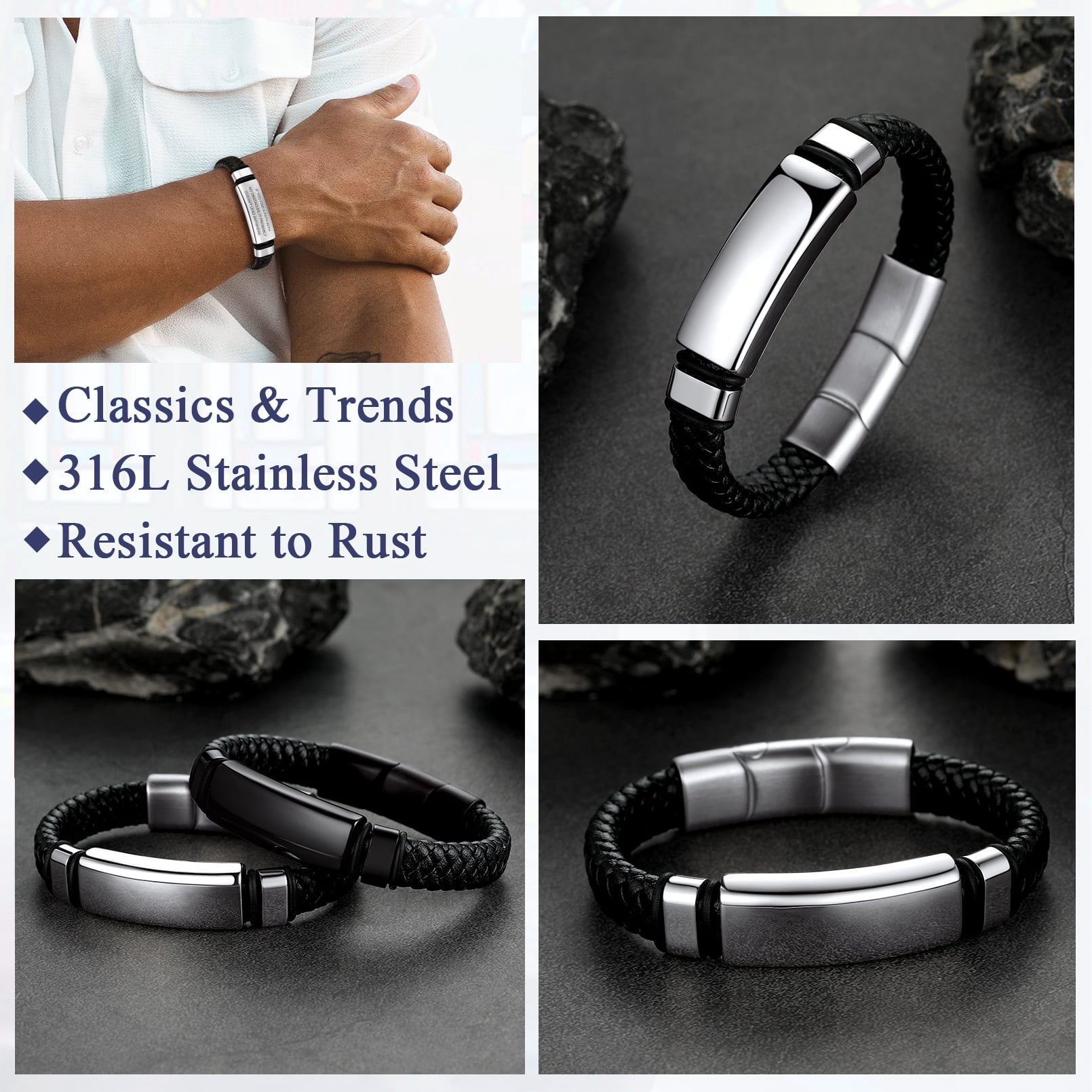 FaithHeart Braided Leather Bracelet for Men Stainless Steel Name Plate Wristband Adjustable Bangles Gothic Punk Cuff Charm Leather Band Buckle Clasp Jewelry Gift for Dad Grandpa Fathers Day