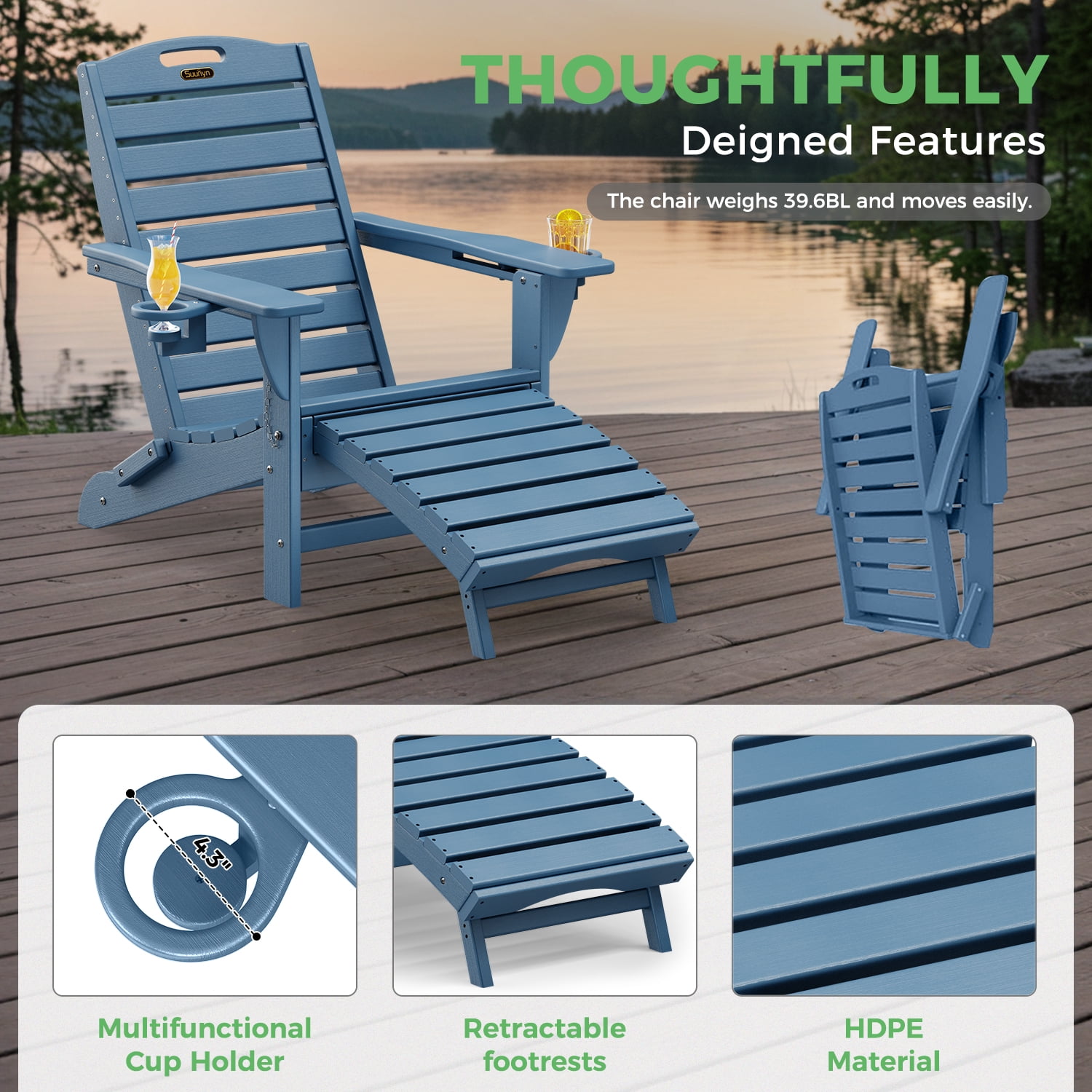 Folding Adirondack Chair with Ottoman Set of 2 HDPE Outdoor Chair Pull Out Footrest with 2 Cup Holders Garden Lawn Navy