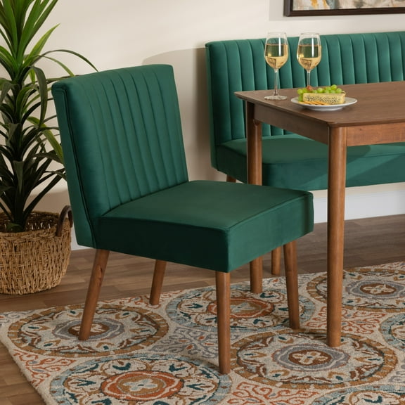 Baxton Studio Alvis Mid-Century Modern Emerald Green Velvet Upholstered and Walnut Brown Finished Wood Dining Chair