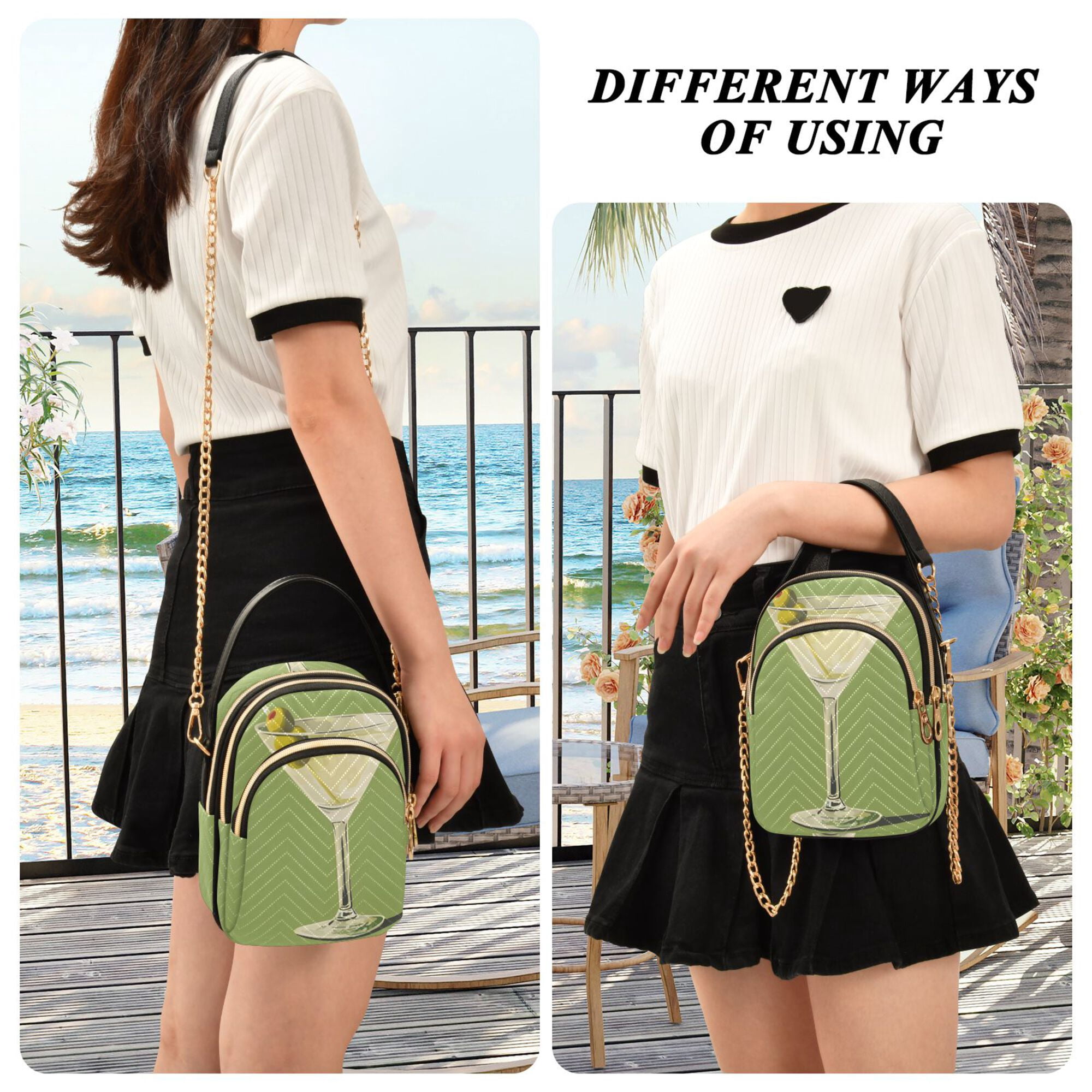 FORMRS Crossbody Bag for Women Quilted Travel Shoulder Cell Phone Purse with Chain Strap Handbag, Martini with Olive