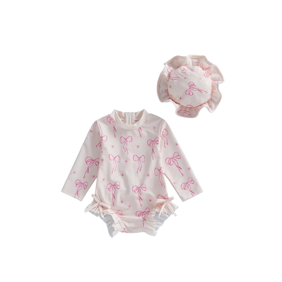BemeyourBBs Toddler Baby Girl One Piece Swimsuit with Sun Hat Infant Baby Girl Bathing Suit Rash Guard Bow Print Long Sleeve Round Neck Ruffle Swimwear Summer Pool Beachwear