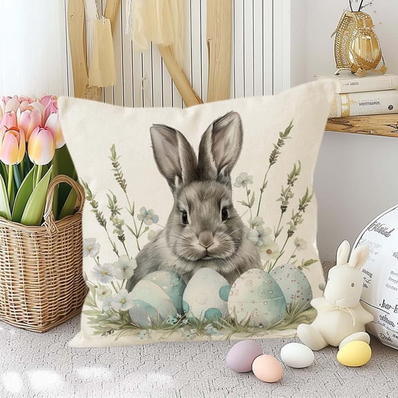Easter Bunny Egg and Flower Pillow Cover – Decorative Embroidered Pillowcase for Sofa and Car, Holiday Spring Home Decor Festive Cover Living Spaces