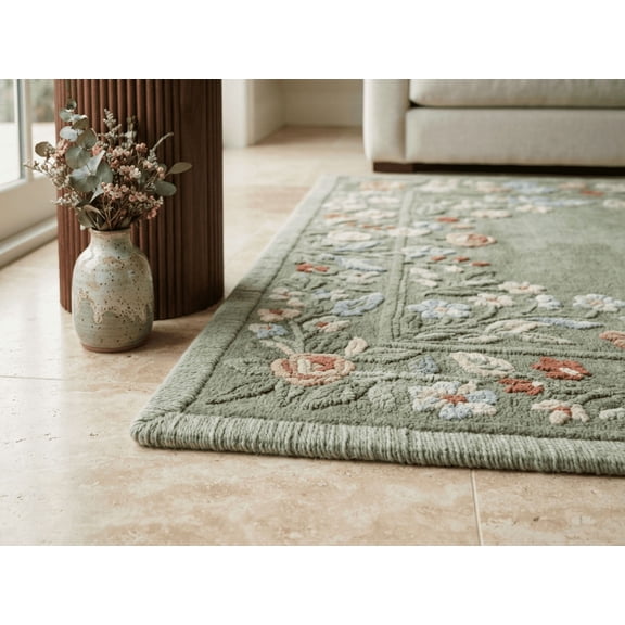 Hand-Tufted English Garden Floral Area Rug, Soft Sage Green and Blush Pink Pastel Carpet for Bedroom and Nursery 10x14 Feet Rectangle