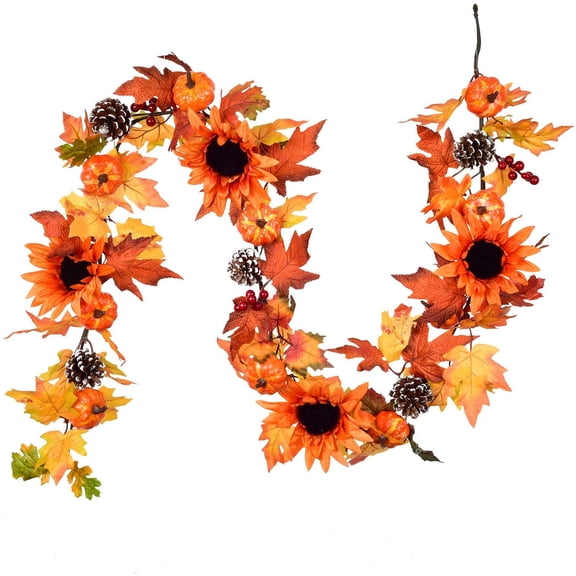 Fall Maple Leaf Garland - 6ft/Piece Artificial Berries Sunflower Pine Cones Pumpkin Autumn Garland Decoration for Wedding Party Thanksgiving Dinner Fireplace Door Backdrop Decor