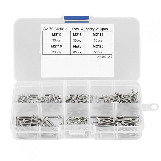 Kit surtido de 210 tornillos y tuercas de cabeza hexagonal de acero inoxidable M2 304 con caja.