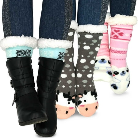 

Teehee Womens Soft Premium Thermal Double Layer Crew Socks 3-Pack (9-11 Animal Dog Bear)