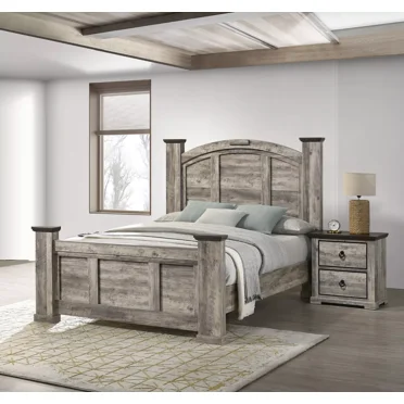 Rustic Gray Poster King Size 3pc Bed Set Storage Nightstands Bedroom Furniture