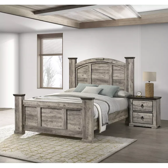 Rustic Gray Poster Queen Size 3pc Bed Set Storage Nightstands Bedroom Furniture
