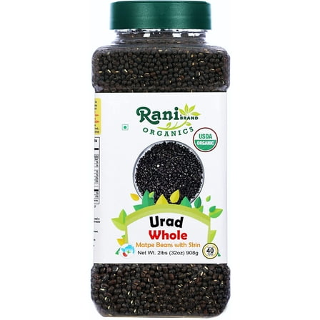Rani Organic Urid/Urad Whole Black (Matpe Beans With Skin) Indian Lentils 32oz (2lbs) 908g PET Jar ~ All Natural | Vegan | Gluten Friendly | NON-GMO | Indian Origin | USDA Certified Organic