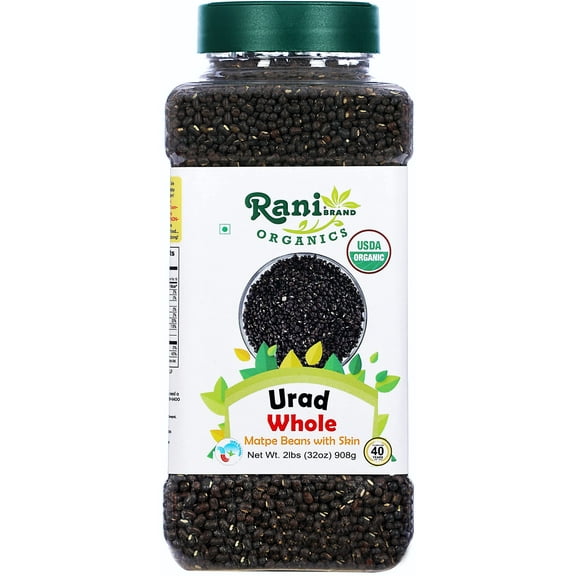Rani Organic Urid/Urad Whole Black (Matpe Beans With Skin) Indian Lentils 32oz (2lbs) 908g PET Jar ~ All Natural | Vegan | Gluten Friendly | NON-GMO | Indian Origin | USDA Certified Organic