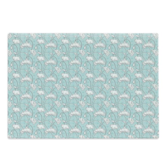 Blue and White Cutting Board, Hand-drawn Poppy Blossoms and Buds on Floral Ornamented Background, Decorative Tempered Glass Cutting and Serving Board, in 3 Sizes, by Ambesonne