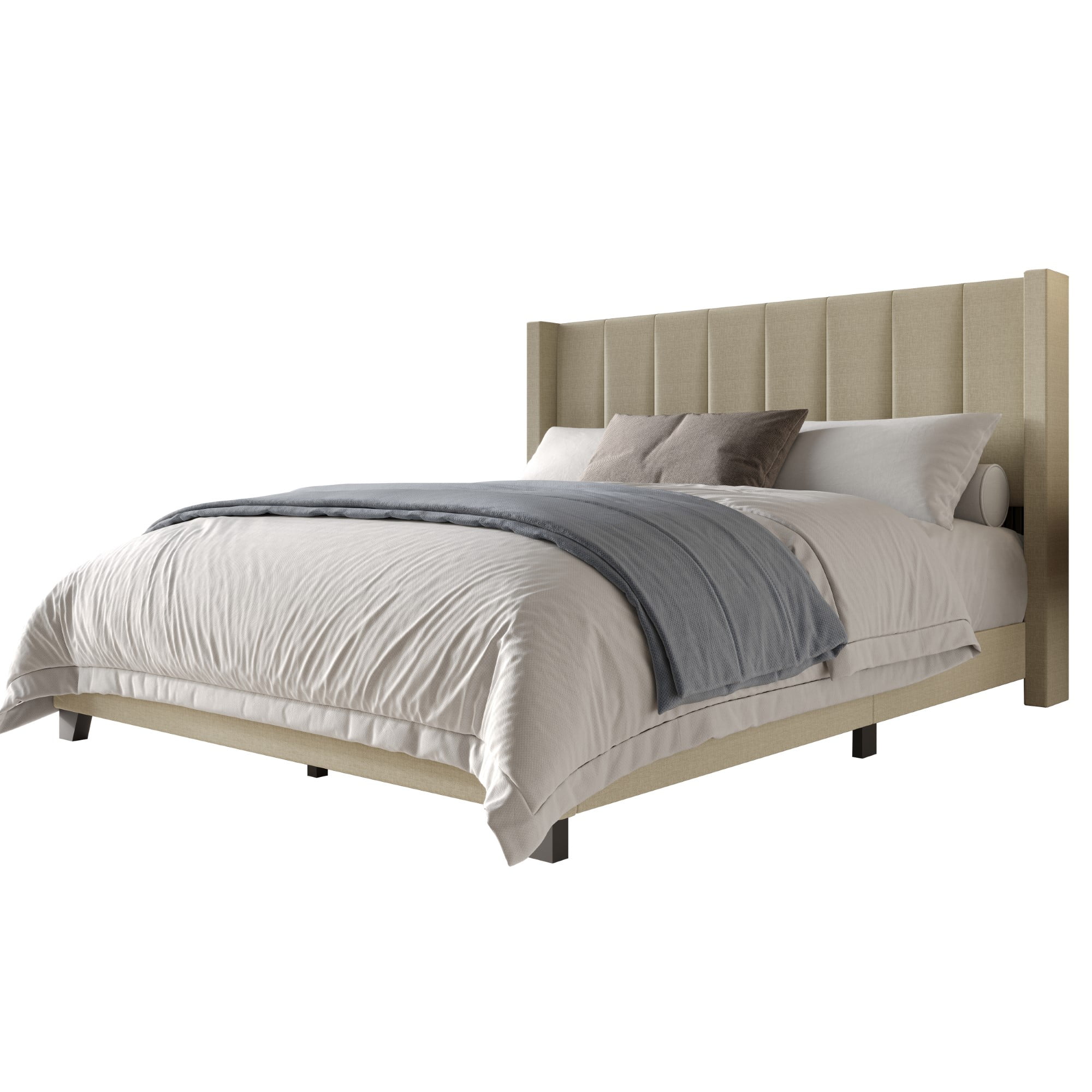Home Design Saco Twin Upholstered Platform Bed Frame For Adult, Dark Beige, Easy Assembly